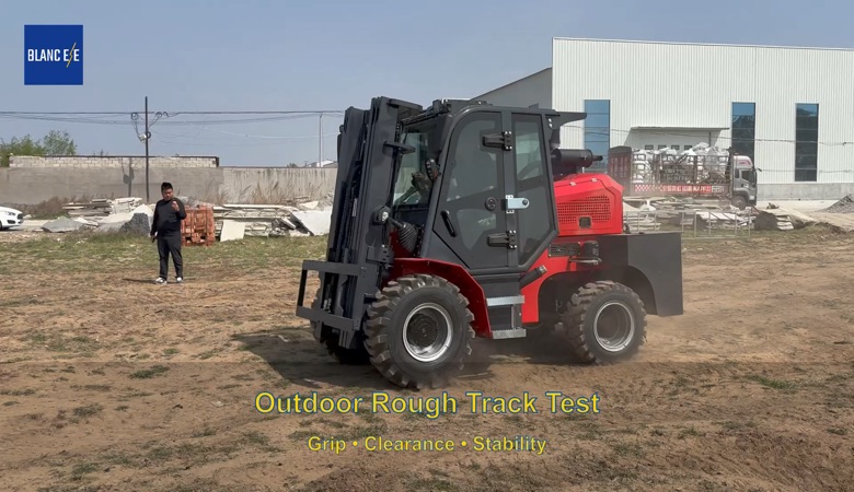 BLANC-ELE rough terrain forklift shown during an outdoor test video
