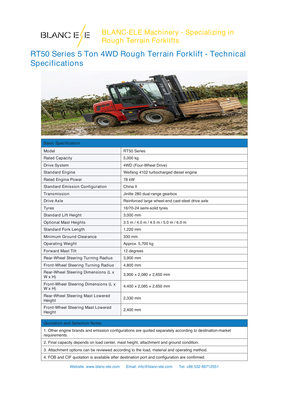 BLANC-ELE RT50 rough terrain forklift technical specification sheet with capacity mast dimensions and quotation notes